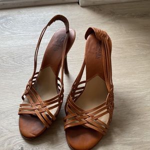 Michael Kors tan leather woven heeled sandal